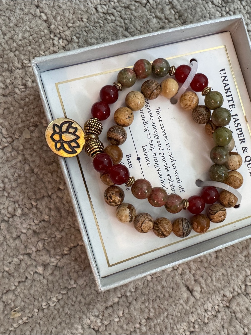 NWT Unakite Jasper & Red Agate Stretch Bracelet Set with Lotus Charm